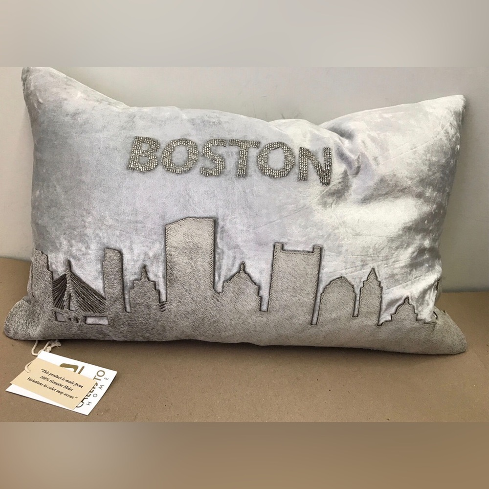 Callisto Home Boston Skyline Beaded  Calf Hair Hide Decorative Accent Pillow